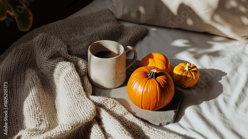 Cozy Autumn Setup With a Knitted Mug, Pumpkin, and Leaves on a Wooden Tray.