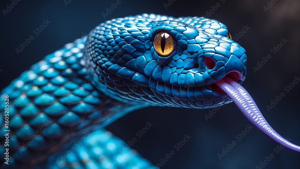 Fototapeta premium Close up of a vibrant blue snake with yellow eyes and a forked tongue flicking