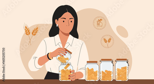 Woman Preserving Pasta Filling Glass Jars For Food Preservation At Home