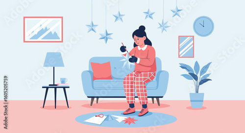 Woman Creates Star Decorations At Home With Cozy Interior Background
