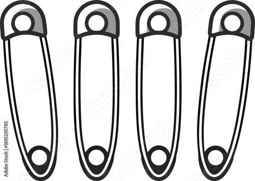 Four handdrawn safety pins with grey shading on fastener sewing