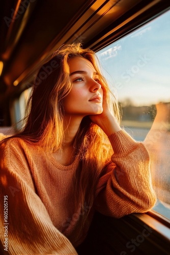 Young Woman Enjoying Sunset View From Train Window During a Peaceful Journey