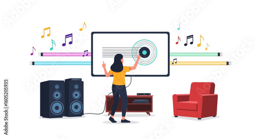 Woman Creating And Mixing Music With Touchscreen Display In Living Room