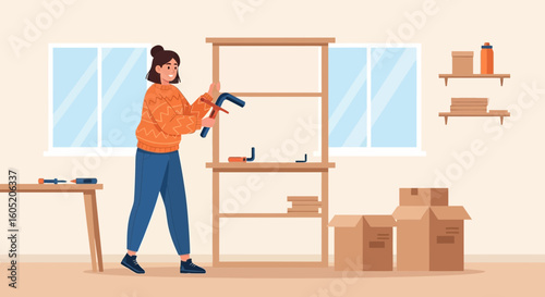 Young Woman Assembling Furniture in New Home Engaging In Hobby Activity
