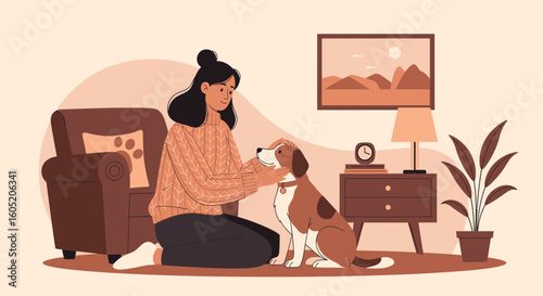 Woman Cuddling Dog In Cozy Room At Home Illustration