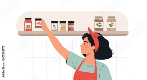 Woman Reaching For Organic Spices Jars On Shelf In A Clean Kitchen