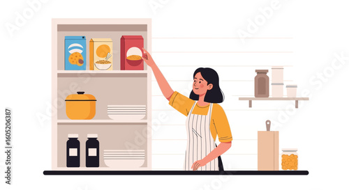 Woman Reaching For Pantry Item In Well-Organized Modern Kitchen