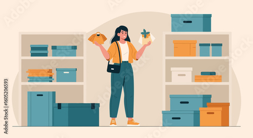 Woman Decluttering Closet Organizing Storage Boxes Clothing Organization At Home
