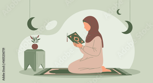 Woman Reading Holy Book During Ramadan In Her House With Moon Lamp