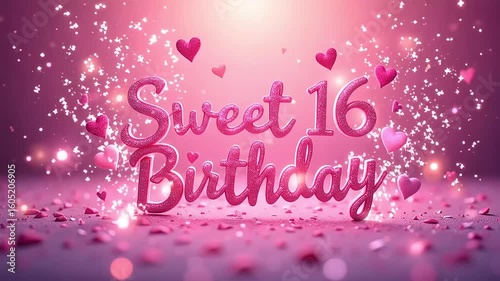 Sparkling Sweet 16 Birthday celebration with floating hearts and confetti, capturing youthful joy and excitement.