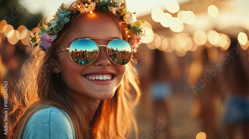 Smiling Woman With Flower Crown Enjoys Summer Festival Among Joyful Crowd Dur...