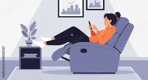 Woman Relaxing At Home In A Recliner Chair Using Her Mobile Phone