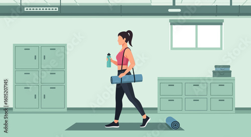 Young Woman Carrying Her Yoga Mat And Water Bottle Going To A Yoga Class