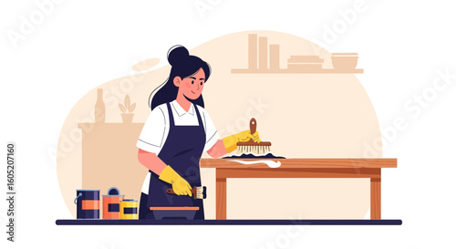 Woman Refinishing Furniture At Home In A Bright And Airy Room Setting