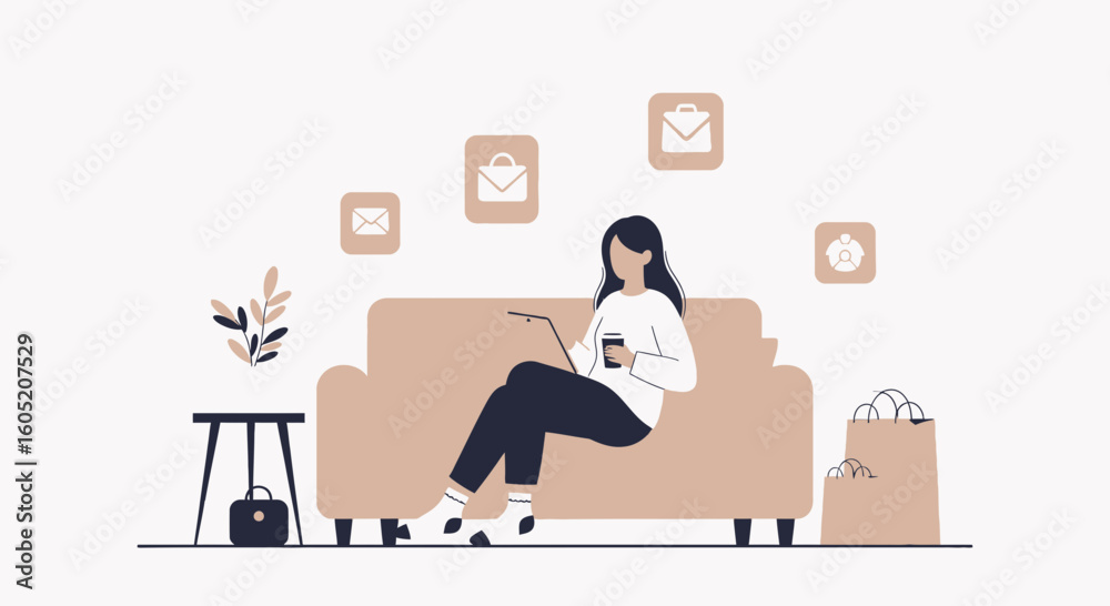 Fototapeta premium Woman Relaxing On Sofa While Shopping And Receiving Emails Online With Laptop