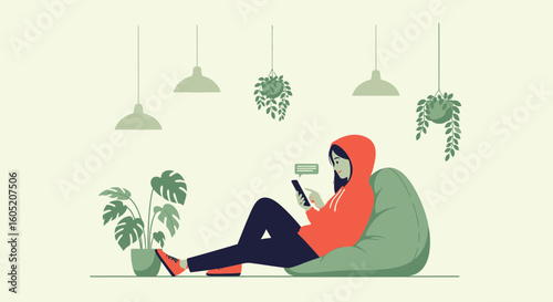 Woman Relaxing On A Beanbag Chair While Using A Phone At Home