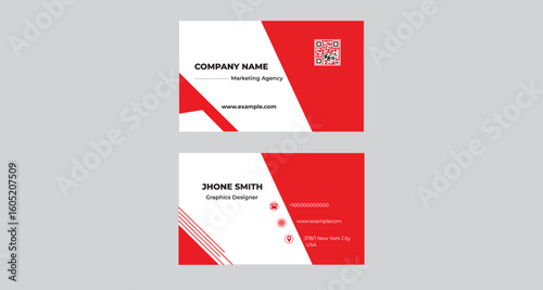 Modern Red and White Business Card Template – Corporate Branding Design Mockup, Professional business card design featuring a bold red and white color scheme with geometric elements.