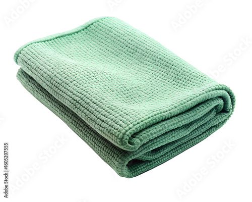 A folded green microfiber cleaning cloth with a textured surface isolated on transparent background