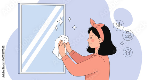 Young Woman Cleaning Mirror Housework Activity Illustration Cleaning Service Routine