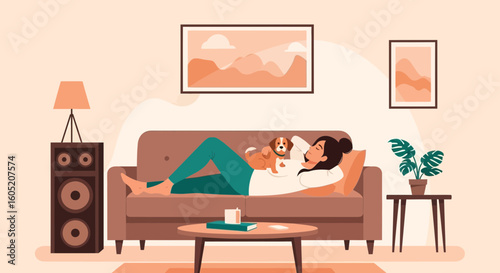 Woman Relaxing On Sofa With Her Pet Dog In The Living Room Illustration