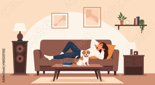 Woman Relaxing With Her Dog In A Cozy Living Room At Home
