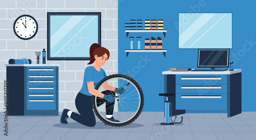 Woman Repairing Bicycle Tire In Garage Workshop For Vehicle Maintenance