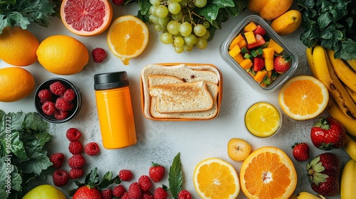 Bright and Colorful Arrangement of Fresh Fruits and a Sandwich With Drink on ...