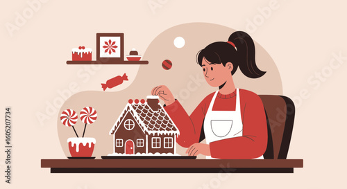 Young Woman Decorating A Festive Gingerbread House At A Table Indoors