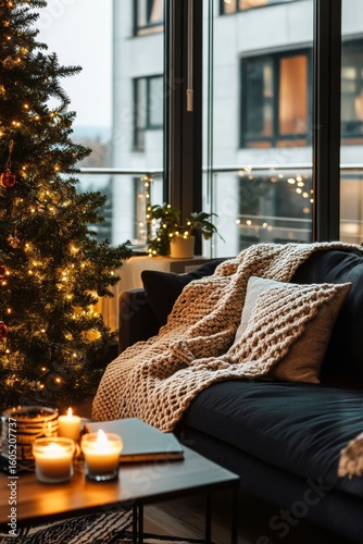 Cozy Living Room Decorated for Winter Holidays With Tree and Warm Lighting.