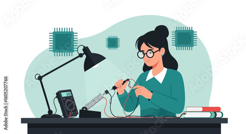 Woman Repairing Electronic Devices With Soldering Technology And Measurement Instrument
