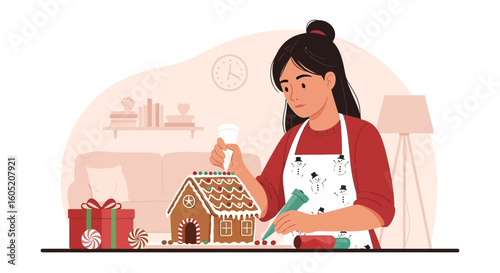 Young Woman Decorating Gingerbread House With Frosting For Festive Celebration