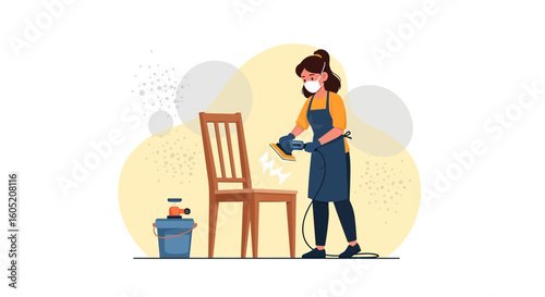 Woman Sands Chair Using Electrical Sander In Workshop Ready For Refinishing