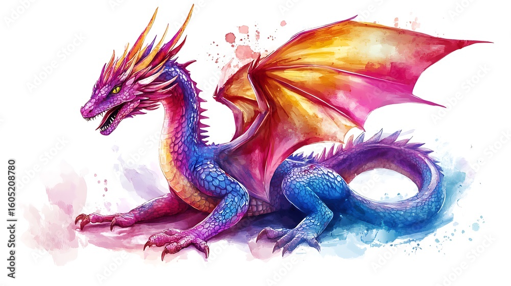 Obraz premium Vibrant watercolor illustration of a majestic dragon with colorful wings on a white photo background