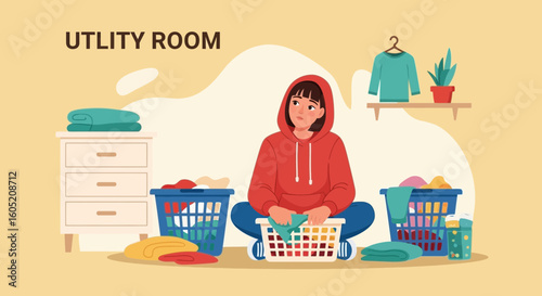 Young Woman Does Laundry Chores In The House Utility Room