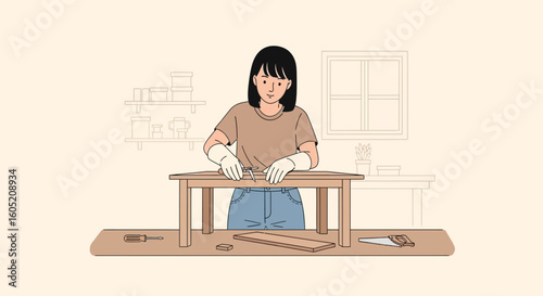 Young Woman Engaged In Carpentry Project At Home With Wood Materials