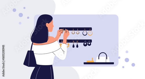Woman Shopping For Fashionable Earrings At An Elegant Jewelry Store