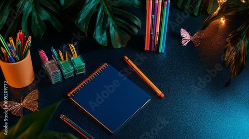 Colorful Stationery and Plants on a Desk in a Cozy Workspace at Night