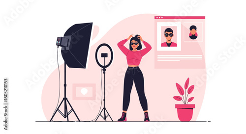 Young Woman Getting Ready for Online Photo Shoot in Professional Studio