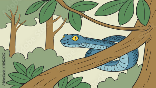 Cartoon blue snake in tree illustration vector graphic design forest wildlife animal nature reptile serpent