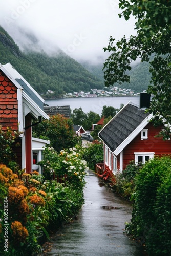 Picturesque Village Pathway Lined With Vibrant Flowers and Charming Houses in...