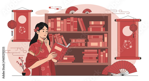 Young Woman Immersed in Reading A Classic Book At The Home Library