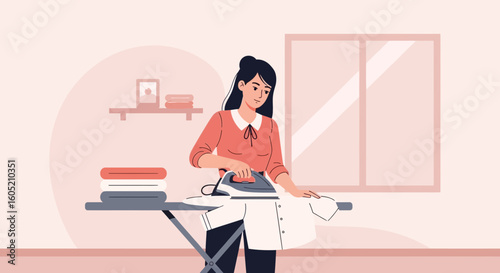 Young Woman Ironing Clothes At Home Against Light And Airy Background