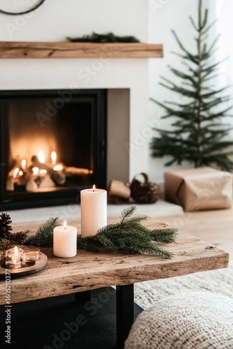 Cozy Living Room With Fireplace, Candles, and Elegant Decor During Evening Ho...