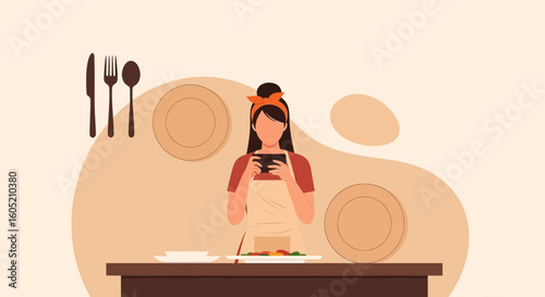 Woman Taking Food Photo With Her Smartphone At Table In The Kitchen