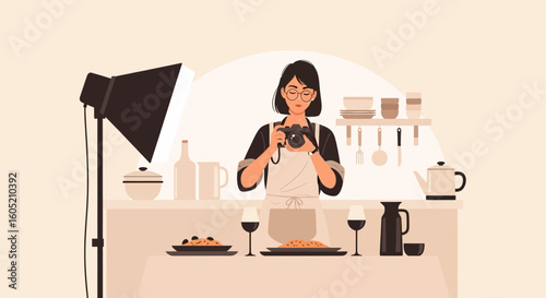 Woman Taking Food Photos For Culinary Blog In Modern Kitchen Setup