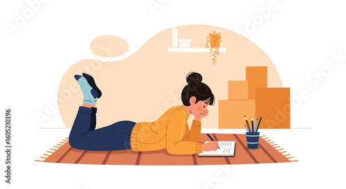 Young Woman Is Lying Down And Writing In Her Notebook On The Floor