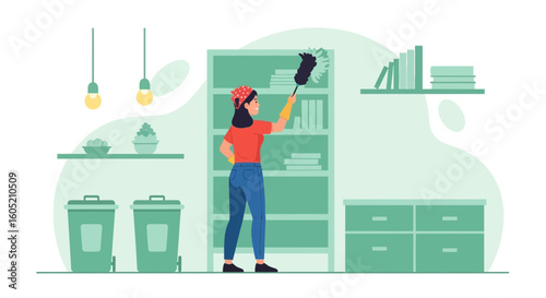 Woman Doing Chores Dusting Furniture In Her Living Room Maintaining Home