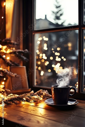 Cozy Winter Evening With Steaming Cup Near Window Adorned With Lights