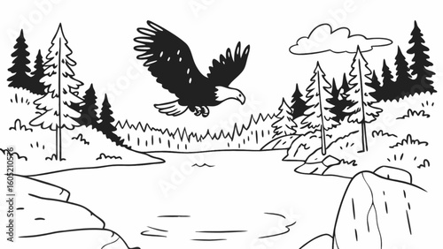 Bald eagle flying over lake in forest landscape coloring page vector illustration for kids and adults
