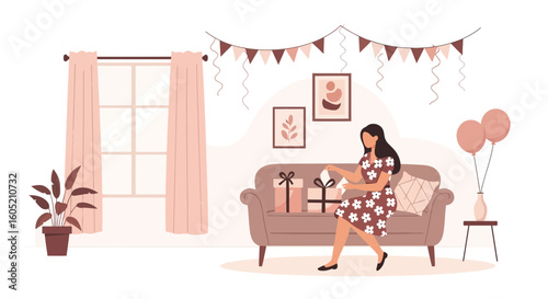 Young Woman Opening a Gift Sitting on a Sofa at Home Party